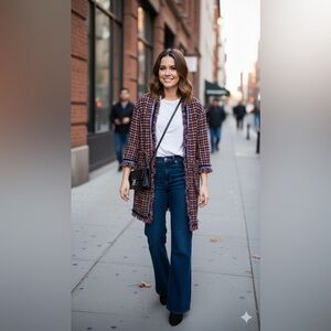 ATOP Lady Tweed Long Jacket Navy Red Gold Size Medium